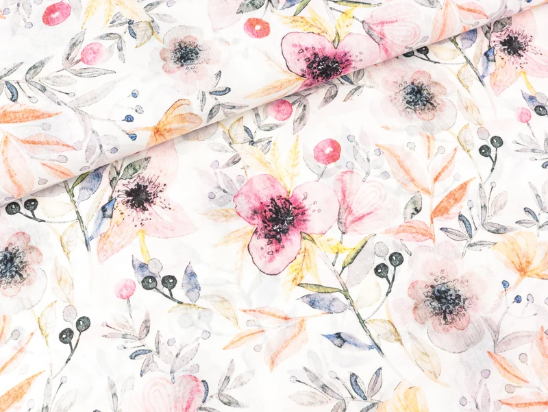Baumwoll Voile Flowers bunt auf Weiß Digitaldruck