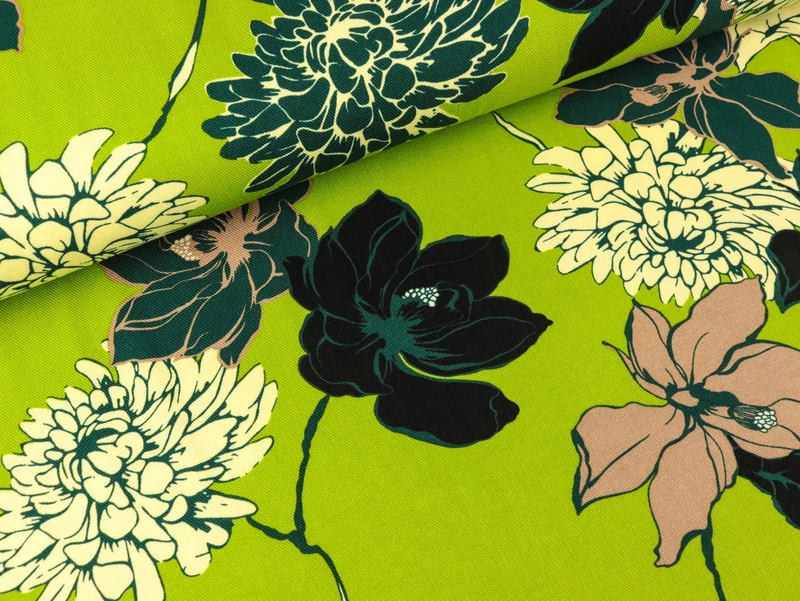 Viskose Twill Print Blumen bunt auf Grün