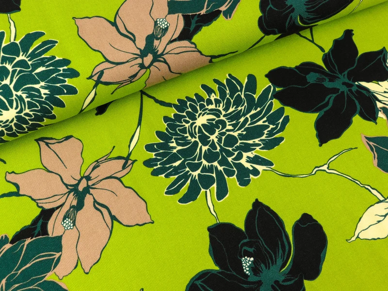Viskose Twill Print Blumen bunt auf Grün