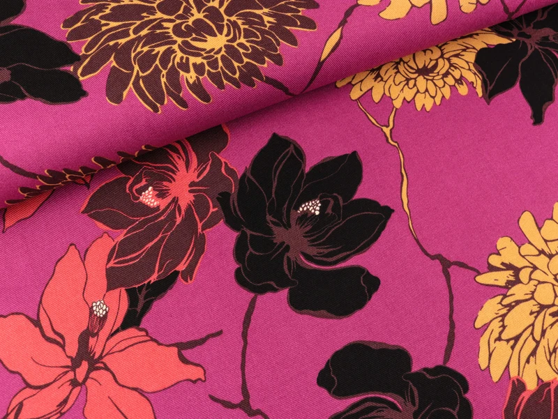 Viskose Twill Print Blumen bunt auf Fuchsia