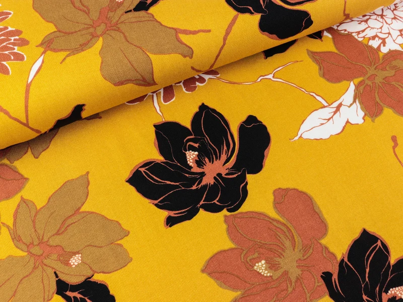 Viskose Twill Print Blumen bunt auf Ocker