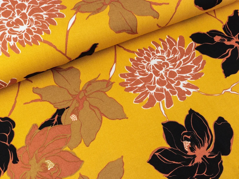 Viskose Twill Print Blumen bunt auf Ocker