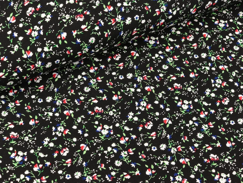 Viskose Popeline Webware Mille Fleurs bunt auf Schwarz