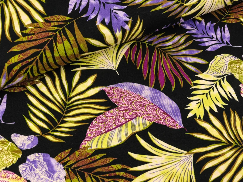 Viskosejersey Print Leaves lila-grün-bunt auf Schwarz