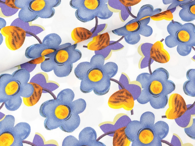 Viskose Popeline Webware Blumen indigoblau-bunt auf Weiß