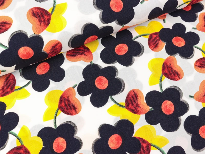 Viskose Popeline Webware Blumen marine-bunt auf Weiß