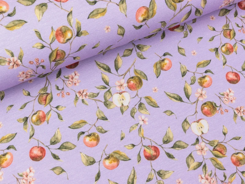 Baumwolljersey Apple Blossom bunt auf Dusty lilac Digitaldruck