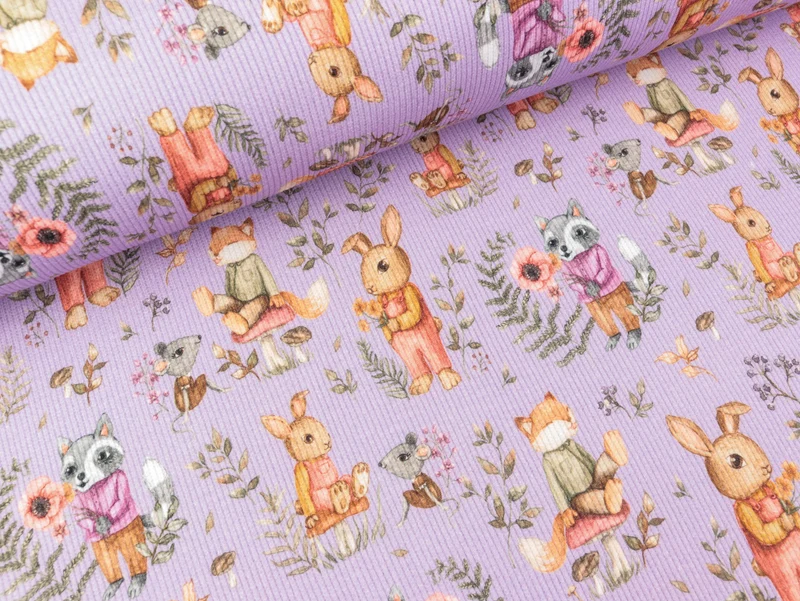Baumwolljersey Fein Rib Florida Forrest Friends bunt auf Dusty lilac