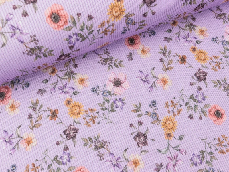Baumwolljersey Fein Rib Florida Small Flowers bunt auf Dusty lilac