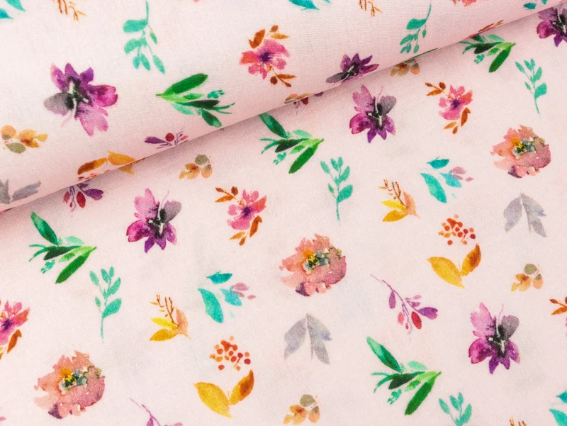 Baumwoll Double Gauze Watercolor Flowers bunt auf Light rose Digitaldruck