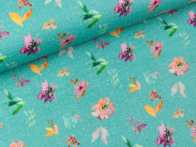 Baumwoll Double Gauze Watercolor Flowers bunt auf Light cyan Digitaldruck