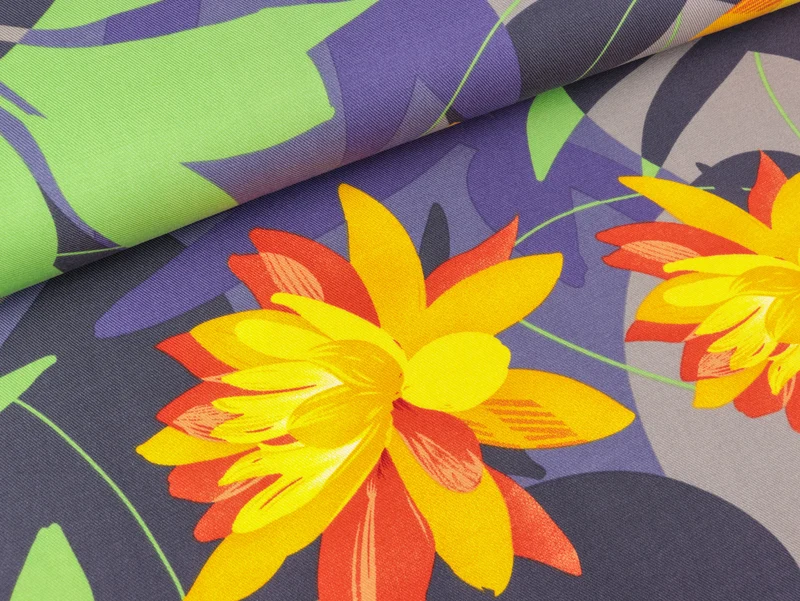 Viskose Twill Print Große Blumen bunt auf Mittelgrau
