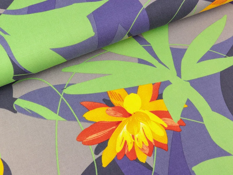 Viskose Twill Print Große Blumen bunt auf Mittelgrau