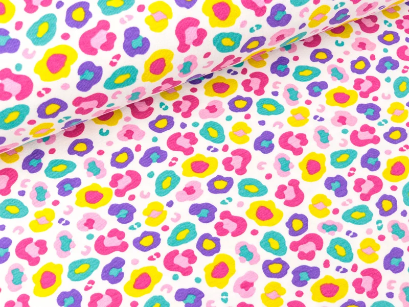 Baumwolljersey Leomuster rosa-pink-lila-bunt auf Weiß