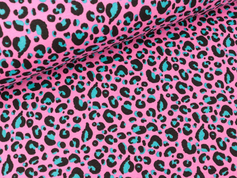 Baumwolljersey Leomuster türkis-schwarz auf Pink