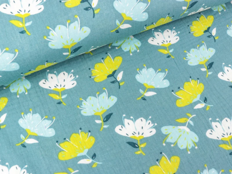 Baumwoll Double Gauze Blumen bunt auf Oldmint