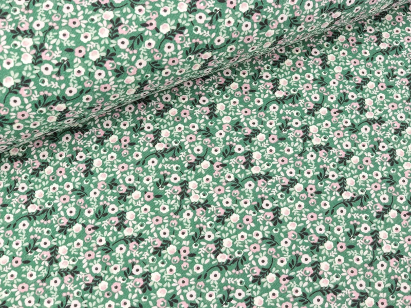 Baumwolljersey Kleine Blümchen weiß-altrosa auf Smaragd