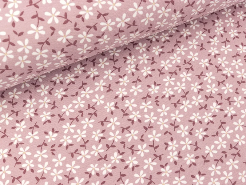 Baumwolljersey Blümchen weiß-bunt auf Altrosa
