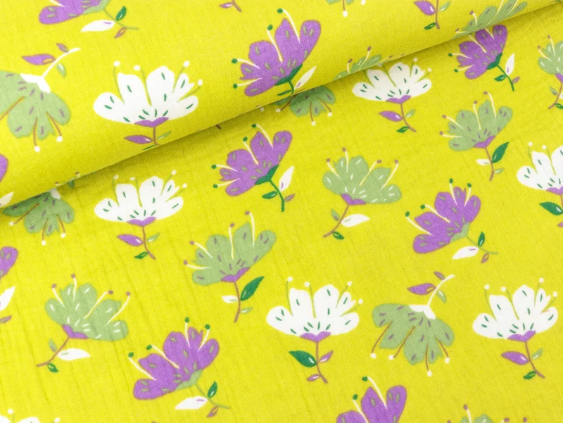 Baumwoll Double Gauze Blumen bunt auf Lime