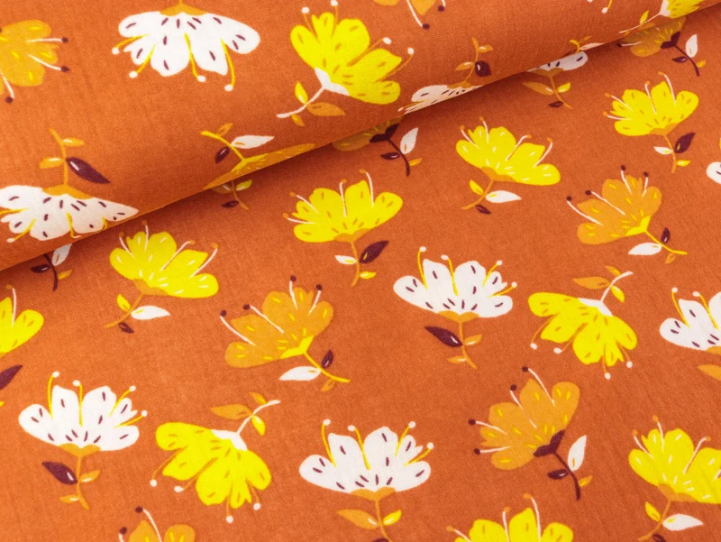 Baumwoll Double Gauze Blumen bunt auf Ziegel