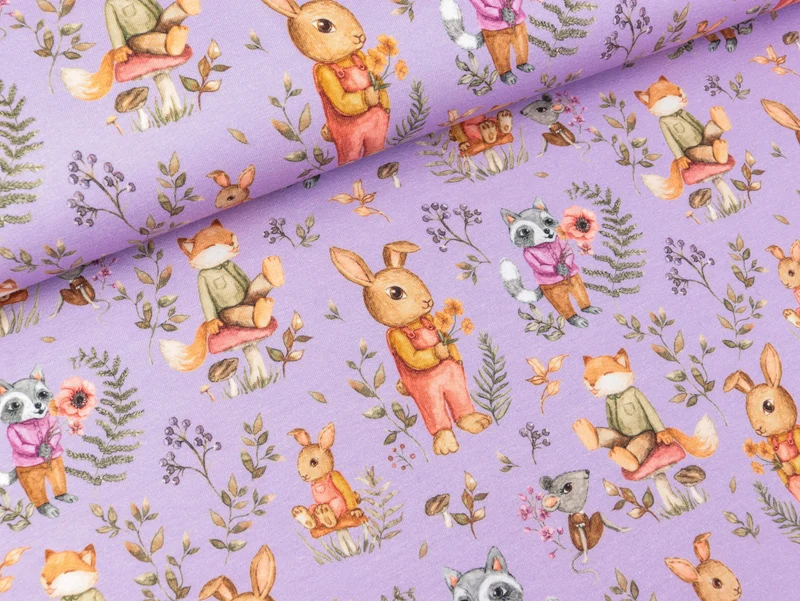 Baumwolljersey Forrest Friends bunt auf Dusty lilac Digitaldruck