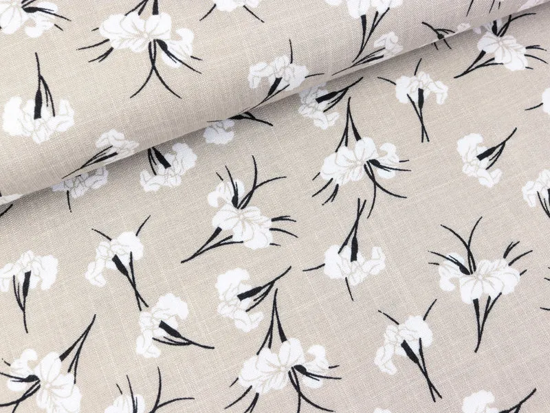Gewebter Stretch Viskosestoff Blumen weiß auf Beige