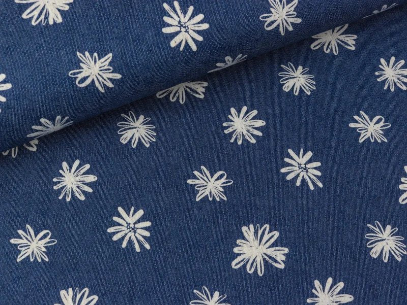 Leichter Jeansstoff Blumen weiß auf Jeansblau
