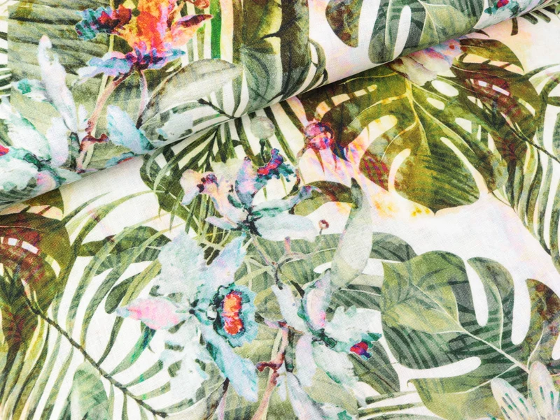 Reiner Leinenstoff Jungle Leaves khaki-bunt Digitalprint