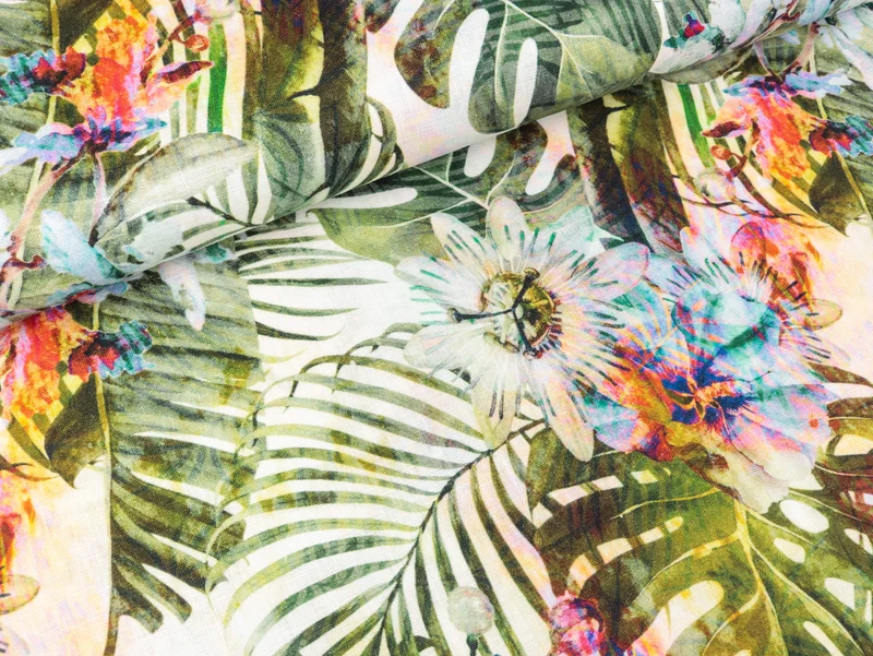 Reiner Leinenstoff Jungle Leaves khaki-bunt Digitalprint
