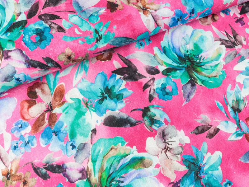 Reiner Leinenstoff Flowers pink-aqua Digitalprint