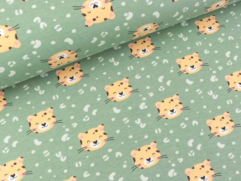 Baumwolljersey Kleine Leopardenköpfe bunt auf Oldmint