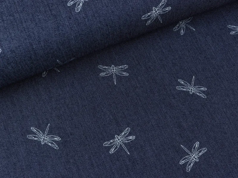 Leichter Jeansstoff Libellen weiß auf dunklem Jeansblau
