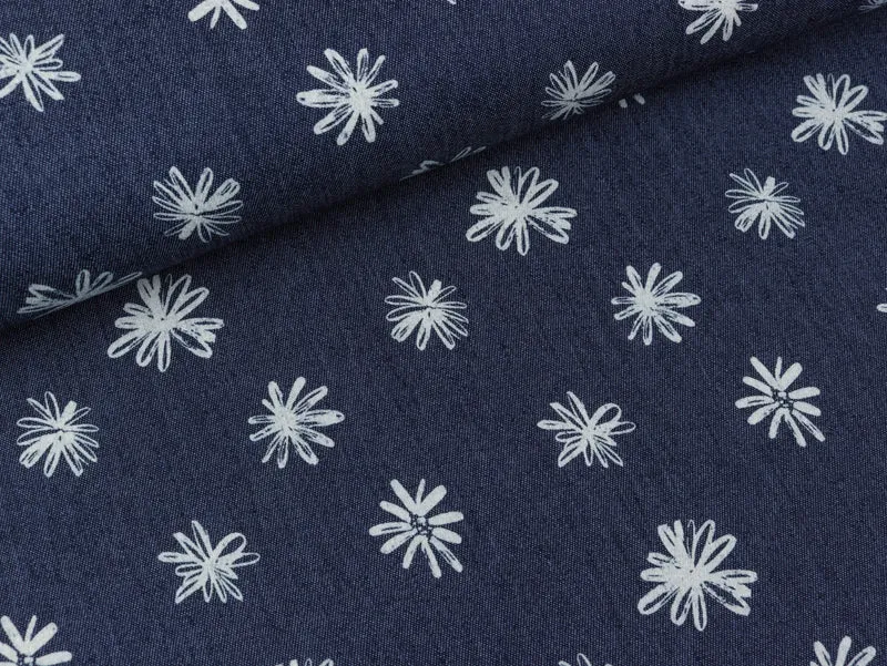 Leichter Jeansstoff Blumen weiß auf dunklem Jeansblau