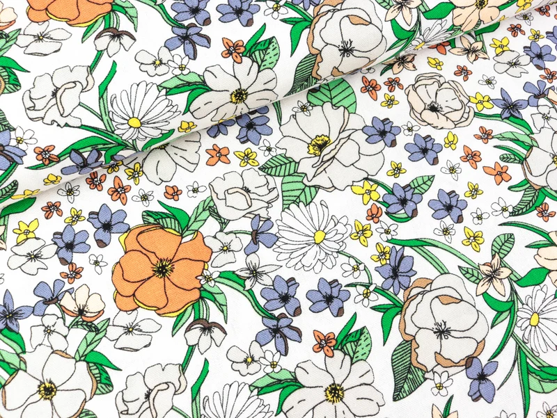 Gewebtes Viskoseleinen Bunte Blumen auf Weiß